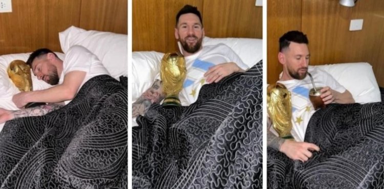 "¡Buen día!", las fotos de Lionel Messi desde la cama con la Copa del Mundo